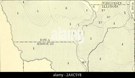 Waldphysiographie; Physiographie der Vereinigten Staaten und Prinzipien der Böden in Bezug auf die Forstwirtschaft . Abb. ISO. - Positionen der Wisconsin-Eislappen außerhalb der Driftless Area. (Weidman, Weise. Jail, Surv.). Abb. 181. - Beziehungen der Drift Sheets von Iowa und Nordillinois, i, Kansan; 2, Illinoian; 3, lowo;4, Frühes Wisconsin; 5, Spätes Wisconsin; 6, Driftless Area; 7, Verlauf des Mississippi River während theIllinoischer glazialer Epoche. (Nach Leverett, US Geol. Surv., und Calvin, Iowa Geol. Surv.) 1 W. F. Cooper, Wter-Supply Paper U. S. Geol. Surv. Nr. 182, 1908, Platte II 474 WALD P Stockfoto