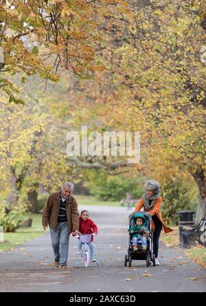 Großeltern mit Enkeln im Herbstpark Stockfoto