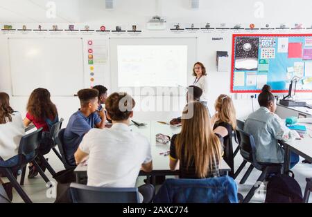 Schüler der High School beobachten, wie die Lehrerin die Lektion auf der Projektionsleinwand im Klassenzimmer führt Stockfoto