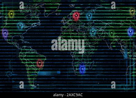 Weltkarte mit Geo-Pins und Computer-Code-Overlay. Abbildung des Navigations- und Geolokationskonzepts. Entwicklung digitaler Kartografie- und Zielsoftware Stockfoto