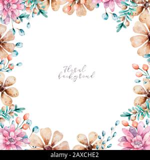 Kreisrahmen. Handbemalte Pflanzen, Äste, Blätter, Sukkulenten und Blumen auf weißem Grund. Natürliches Kartendesign. Aquarellstil Stockfoto