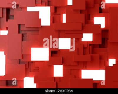 Abstrakter 3D-Illustrationshintergrund aus roten geometrischen Elementen, Würfeln, Kisten mit hellen Objekten, 3D-Rendering Stockfoto