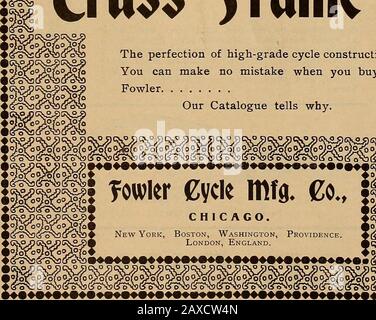 Die Rad- und Radfahrerprüfung. fowler Qualityis knownthe worldmr. Der Trussrahmen selbst ist ein positiver Beweis, dass Sie einen vollen Wert erhalten; tatsächlich ist die Zeit schnell zu erreichen, wenn kein Rad als hohes Gradegut gilt, es sei denn, es hat einen Trassrahmen Die Perfektion der hochwertigen Radkonstruktion.Sie können keinen Fehler machen, wenn Sie aFowler kaufen. In unserem Katalog erfahren Sie, warum.. Fowler Cycle mfg. Bitte erwähnen Sie Das Rad. 52. SEPTEMBER 4., NATIONALER ZYKLUS ZEIGT. Unter der Schirmherrschaft des National Board of Trade of Cycle Manufacturers, National Shoe and Leather Bank Building, 371 Broadway, New York. Januar 33-3 Stockfoto