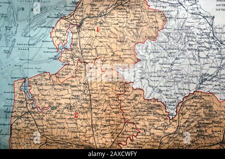 Detail aus einer Karte von "The County Palatine of Lancaster" aus dem Jahr 1868, so Lancashire wie damals, Aus dem Ordnance Survey von J. Bartholomew F.R.G.S.; dieser Abschnitt umfasst Blackpool, Fleetwood und Lancaster Stockfoto