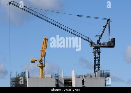 Baukräne auf einem neuen Hochhaus mit mehreren Stockwerken. Gosford, New South Wales, Australien. Stockfoto