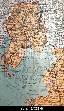 Detail aus einer Karte der Grafschaft Palatin von Lancaster aus dem Jahr 1868, so Lancashire, wie es damals war, aus der Ordnance Survey von J. Bartholomew F.R.G.S.; dieser Abschnitt umfasst Lancaster, Ulverston, Dalton in Furness, Cartmel, Coniston, Lake District, Lakes, Lakeland und die Isle of Walney Stockfoto