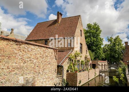 Schöne Häuser und Wasserkanäle mit Schwimmschwänen in der schönen, ruhigen, romantischen und zeitlosen Stadt Brugge, um sie auf einem Fahrrad oder einem Spaziergang zu erkunden. Stockfoto