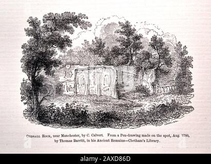 Eine Illustration aus dem Buch: Die Geschichte der Grafschaft von Palatin und des Duchy of Lancaster von dem verstorbenen Edward Baines, veröffentlicht im Jahre 1865. Ordsall Rock in der Nähe von Manchester von C. Calvert. Aus einer Federzeichnung, die Thomas Barritt am Ort Aug. Im Jahre 880 in seinen Antiken Überresten - Chethams Bibliothek - anfertigte. Stockfoto