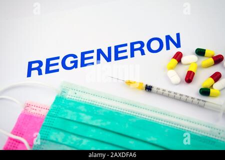 Regeneron ist ein führendes Biotechnologieunternehmen, das die Macht der Wissenschaft nutzt, um neue Medikamente für bedürftige Patienten zu bringen. Konzeptfoto Stockfoto