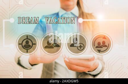 Textschild mit Dream Vacation. Geschäftliche Zeit für Fototexter, die speziell für Genuss oder Entspannung vorgesehen ist Stockfoto