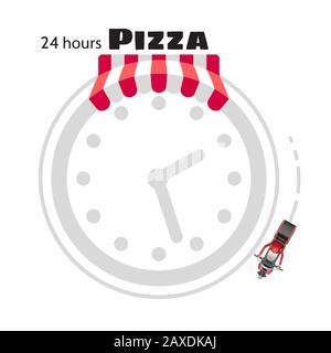 Liefermann mit rotem Uniform-Fahrroller. Draufsicht. Pizza wird isoliert auf weißem Hintergrund geliefert. Vector Cartoon Illustration mit Schriftzug 24 Stock Vektor