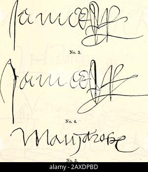 Das Douglas-Buch . Nr. 2.. 1. König Jameg der Zweite von Schottland (1449). 2. König Heinrich der Sechste von England (1462). 3. 4. King James, der Dritte von Schottland (14S3). 5. Prinzessin Margaret, Tochter von König Heinrich vii. Von England, andKönigin von James iv. Von Schottland (c 1510). SIGXATULIES VON ROYAL PERSOXAGES. 571 Stockfoto