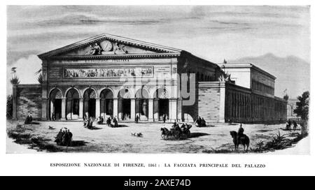 1861 , FIRENZE, ITALIEN : der Palast DER ESPOSIZIONE NAZIONALE in FLORENZ (heute STAZIONE LEOPOLDA ). - EXPO - ARCHITETTURA - ARCHITECTURE - ITALIA - FOTO STORICHE - HISTORY - GEOGRAFIA - GEOGRAFIE - PALAZZO DELL'ESPOSIZIONE ITALIANA - INCISIONE - GRAVUR GEOGRAFIE - GEOGRAFIA - FOTO STORICHE - GESCHICHTE - HISTORISCH - STILE NEOCLASSICISMO - NEOKLASSIZISMUS - ARCHITEKTUR DER UNITA - ARCHITEKTUR D'ITALIA - RISORGIMENTO © ARCHIVIO GBB / Stockfoto