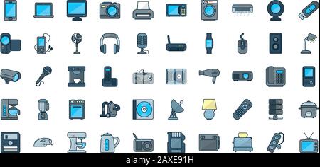 Linien- und Füllstyle-Symbol-Set Design, Technology Appliance House Home Electronic Equipment Tool Wohnung Innen und Haushalt Thema Vector Illustration Stock Vektor