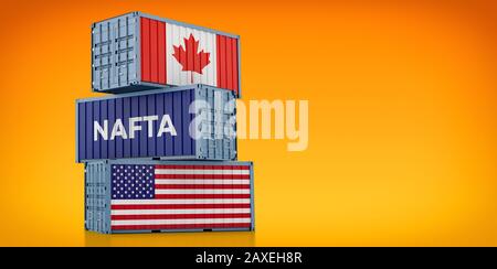 Frachtcontainer mit Nationalflaggen Kanadas und der USA und einer mit dem Wort NAFTA North American Free Trade Agreement - 3D Rendering Stockfoto