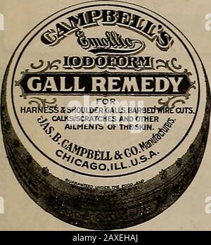 Züchter und Sportler . Feiner Angelanzug, Waffen, Sporting und Outing Coods Phon. T.mpor.RY, 1883. 5 ^Q   Fat St., San FfaHCiSCO Campbells EMOLLICIODOFORM. Gall Remedy For GALL BACKS and SHOULDERS, CRUPPER SORES and SADDLE GALLSThere Is none Superior. Das Pferd KANN WIE GEWOHNT BEARBEITET werden. Für STACHELDRAHT-SCHNITTE, CALKS, KRATZER, Blutvergiftete WUNDEN, ABSCHÜRFUNGEN der HAUT hat es nicht gleich. Sein Einsatz wird BloodPoisoning absolut verhindern. Wir haben es auf den Markt gebracht, der sich ganz auf seine Erfolgserfolge verlassen konnte. Der Umsatz von 1906 war 100 Prozent größer als der Gesamtumsatz von Gall Remedy vor diesem Jahr. Th Stockfoto