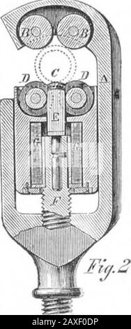 Wissenschaftliches amerikanisches Band 18 Nummer 20 (Mai 1868) - die Spitze des Stoffes oder Stoffes, die Farben sind in nassem Zustand. Eine Bügelplatte wird dann bis zu einem gewissen Grad erhitzt und auf den oberen Rücken der gravierten Platte gelegt, und das ganze wird unter einer Presse platziert. Die heiße Eisenplatte, die auf die Graveedplate aufgetragen wird, wird langsam durch die zweite Platte diffundiert, während das Tuch und die beiden Platten unter Druck stehen. Die Farbe wird nach und nach vom Stoff absorbiert, wenn es in oris in die Vertiefungen oder eingravierten Teile der Platte eindringt, und dann trocknet es mit einem einheitlichen und elastischen Finish. Stockfoto