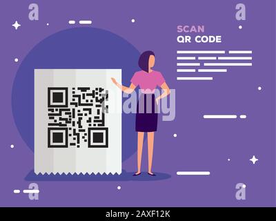 Scannen Sie den qr-Code in Belegpapier und Geschäftsfrau Stock Vektor