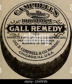 Züchter und Sportler . Feinfischerei, Waffen, Sport- und Outingwaren Ph.n. T.mpor.RY, 1883. 5 ^ Q Mafket  .", FrandSCO Campbells EMOLLICIODOFORM. Gall Remedy For GALL BACKS and SHOULDERS, CRUPPER SORES and SADDLE GALLSThere is none Superior. Das Pferd KANN WIE GEWOHNT BEARBEITET werden. Für STACHELDRAHT-SCHNITTE, CALKS, KRATZER, Blutvergiftete WUNDEN, ABSCHÜRFUNGEN der HAUT hat es nicht gleich. Sein Einsatz wird BloodPoisoning absolut verhindern. Wir haben es auf den Markt gebracht, der sich ganz auf seine Erfolgserfolge verlassen konnte. Der Umsatz von 1906 war 100 Prozent größer als der Gesamtumsatz von Gall Remedy vor diesem Jahr. Thi Stockfoto