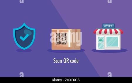 Scannen Sie den qr-Code in Karton und Symbole Stock Vektor