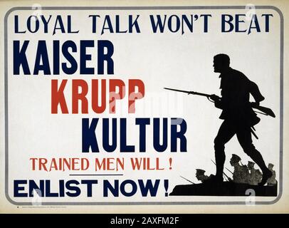 1914 - 1918 Ca, Toronto, KANADA: Propagandaplakat während des GROSSEN KRIEGES ' Wird Loyales Gerede Kaiser-kruppschen Geier nicht schlagen, ausgebildete Männer werden es. JETZT ANMELDEN' - PRIMA GUERRA MONDIALE - WWI - WELTKRIEG - LOCANDINA - ILLUSTRATION - ILLUSTRAZIONE - ARMI - ARMA - ARMEE VON THYSSENKRUPP - ARMA - ARMENTATIO - FUCILE - GUN - RECLUTAMENTO TRUPPE - INDUSTRIO - DINASTIA INDUSTRIALE - FABBRICA BELFICA - GESCHICHTE - STORFICA - GESCHICHTE - GESCHICHTE - GESCHICHTE - GESCHICHTE INDUSTRIA BELLICA ---- ARCHIVIO GBB Stockfoto