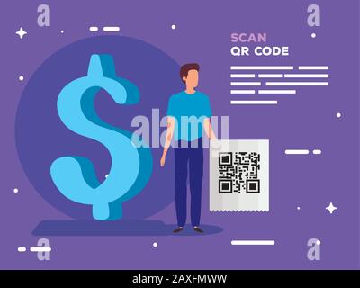 Scannen Sie den qr-Code in den Gutschein mit Business man und Symbol Dollar Stock Vektor