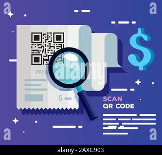 Scannen Sie den qr-Code in Belegpapier mit Lupe Stock Vektor