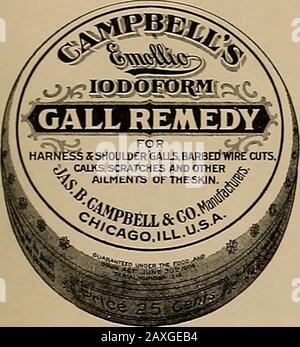 Züchter und Sportler . Feinfischerei, Waffen, Sportartikel und Outing Telefon Vorübergehend im Jahr 1883. 5I0 Market St., San Francisco Campbells EMOLLICIODOFORM. Gall Remedy For GALL BACKS and SHOULDERS, CRUPPER SORES and SADDLE GALLSThere is none Superior. Das Pferd KANN WIE GEWOHNT BEARBEITET werden. Für STACHELDRAHT-SCHNITTE hat CALKS.SCRATCHES, Blutvergiftete WUNDEN, ABSCHÜRFUNGEN der HAUT unebenbürtig. ^ u^*&gt; wird BloodPoisoning absolut verhindern. Wir haben es auf den Markt gebracht, der sich ganz auf seine Erfolgserfolge verlassen konnte. Der Umsatz von 190G war 100 Prozent höher als der Gesamtumsatz von Gall Remedy vor diesem Jahr Stockfoto