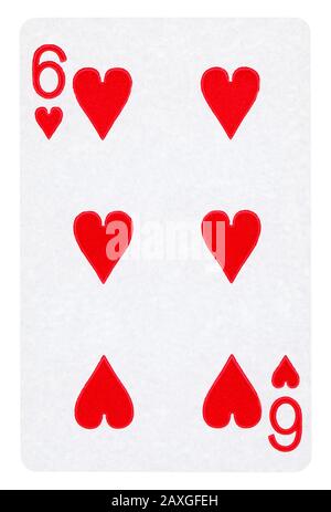 Sechs der Herzen Vintage Playing Card - isoliert auf weißem (clipping path enthalten) Stockfoto