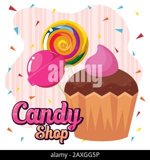 Plakat mit Süßwarenladen mit Cupcake und Karamellen Stock Vektor