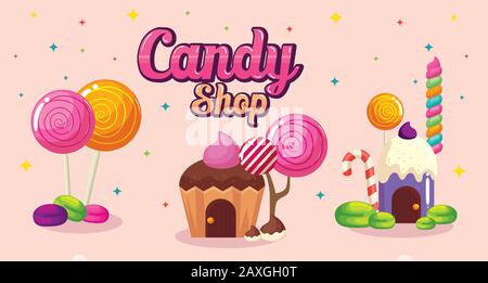 Poster von Süßwarenladen mit hausgemachtem Cupcake und Karamellen Stock Vektor