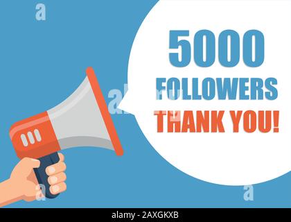 5000 Follower Danken dir - Hand hält Megafon. Stock Vektor