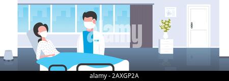 Coronavirus infect Control Diagnostis Concept Doctor with mask examining krankheitsy Patient loying in bed Epidemic MERS-COV wuhan 2019-nCoV Hospital ward interior horizontal Portrait Vector Illustration Stock Vektor