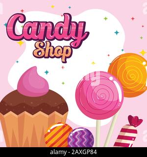 Plakat mit Süßwarenladen mit Cupcake und Karamellen Stock Vektor