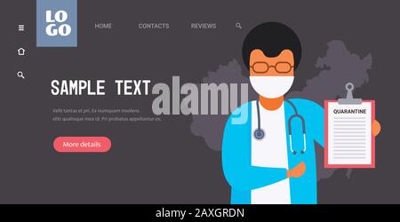 Coronavirus infect Control Diagnostis Concept Doctor in mask Holding Quarantäne Clipboard Epidemie MERS-COV wuhan 2019-nCoV horizontal copy space Portrait Vector Illustration Stock Vektor