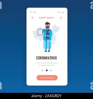 Coronavirus infect Control Diagnostis Concept Doctor in mask Holding Clipboard Epidemic MERS-COV wuhan 2019-nCoV Smartphone Screen mobile App copy space Full length Vector Illustration Stock Vektor