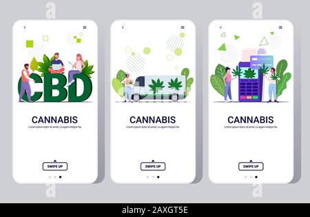 Einstellen von Menschen, die cbd-Hanföl verwenden, um Marihuana zu liefern Kauf von medizinischem Cannabis Drogenkonsumkonzept Mobile App Smartphone-Bildschirme Sammlung flache horizontale Kopie Raum Vektor Illustration Stock Vektor