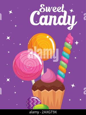 Plakat mit Süßwarenladen mit Cupcake und Karamellen Stock Vektor