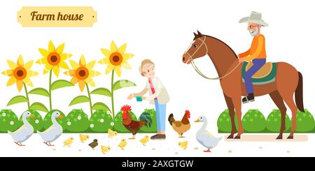 Bauernfamilie, glückliches Senioren-Paar mit Tieren und Vögeln in biologischem Landgut. Landwirtschaft, Gartenbau, Alter und Menschen Konzept. Cartoon Stock Vector Stock Vektor