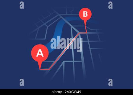 Stadtplan Plan mit Fluss GPS Ort Pins und Navigation rote Route zwischen A zu B Punkt Markierungen. Vektor dunkelblau Farbe perspektivische Ansicht isometrische eps Illustration Lage Schema Stock Vektor