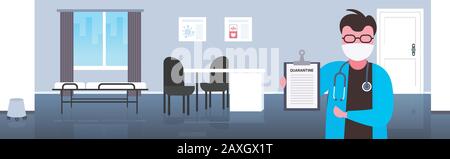 Coronavirus infect Control Diagnostication Concept Doctor Holding Clipboard Epidemic MERS-COV wuhan 2019-nCoV Hospital Office Interior horizontal Portrait Vector Illustration Stock Vektor
