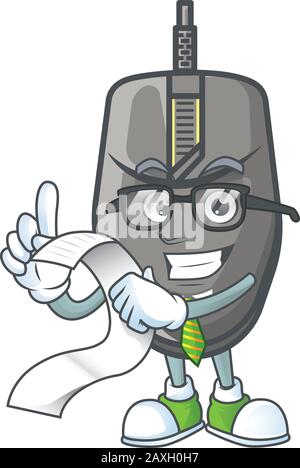 Ein lustiger Gesichtsfigur der schwarzen Maus, die ein Menü hält Stock Vektor