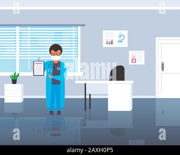 Coronavirus infect Control Diagnostication Concept Doctor Holding Clipboard Epidemic MERS-COV wuhan 2019-nCoV Hospital Office Interior horizontal Full Length Vector Illustration Stock Vektor