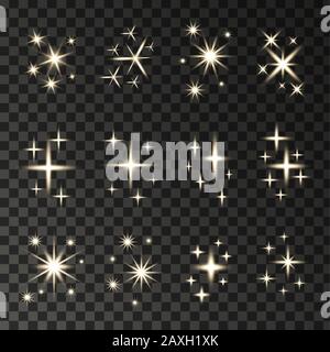 Set von realistischen Vektor glühenden Lichteffekt mit Sternen und funkelt platzt auf transparentem Hintergrund. Stock Vektor