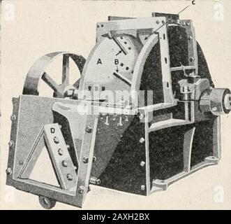 Bauholz, seine Herstellung und Verteilung . ein Motor mit 50 bis 75 PS kann notwendig sein, wenn zehn oder mehr Sägen vorhanden sind. Die Geschwindigkeit, mit der die Sägen arerun normalerweise von 900 bis 1000 Umdrehungen pro Minute sind. HOLZ-ABFALLSCHLEIFER Mehrere Arten von Maschinen werden zum Schleifen von Abfall in Sägewerken verwendet, eine in Abb. übliche Form. 82. Dieser hat einen schweren Metallrahmen, der die sich entwickelnde Scheibe A umschließt, auf der die Schneidmesser B.letztere verlängern nicht die gesamte Fläche der Scheibe, butare versetzt, um die volle Breite des Amboss C zu scheren Stockfoto