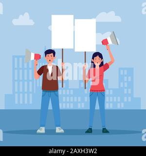 Cartoon-Mann und Frau mit leeren Schildern und Megafonen Stock Vektor