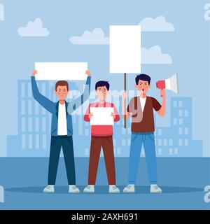 Cartoon-Männer protegiert mit leeren Zeichen und Megafon Stock Vektor