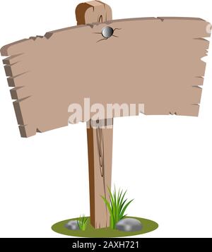 Holz-Cartoon-Vektor Blanko-Plakat isoliert auf weiß. Cartoon-Illustration von altem Holzbaum mit grünem Gras und netten Steinen auf dem Boden. Goo Stock Vektor