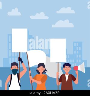 Cartoon-Leute protegiert, leere Zeichen und Megafon über städtischen Gebäuden zu halten Stock Vektor