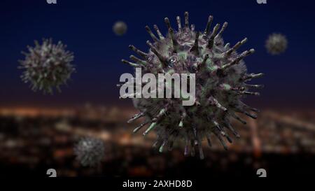 Ansteckendes Coronavirus, gesundheitsbedrohende Viren in der Stadtumgebung, Mikrobiologie Nahaufnahme Stockfoto